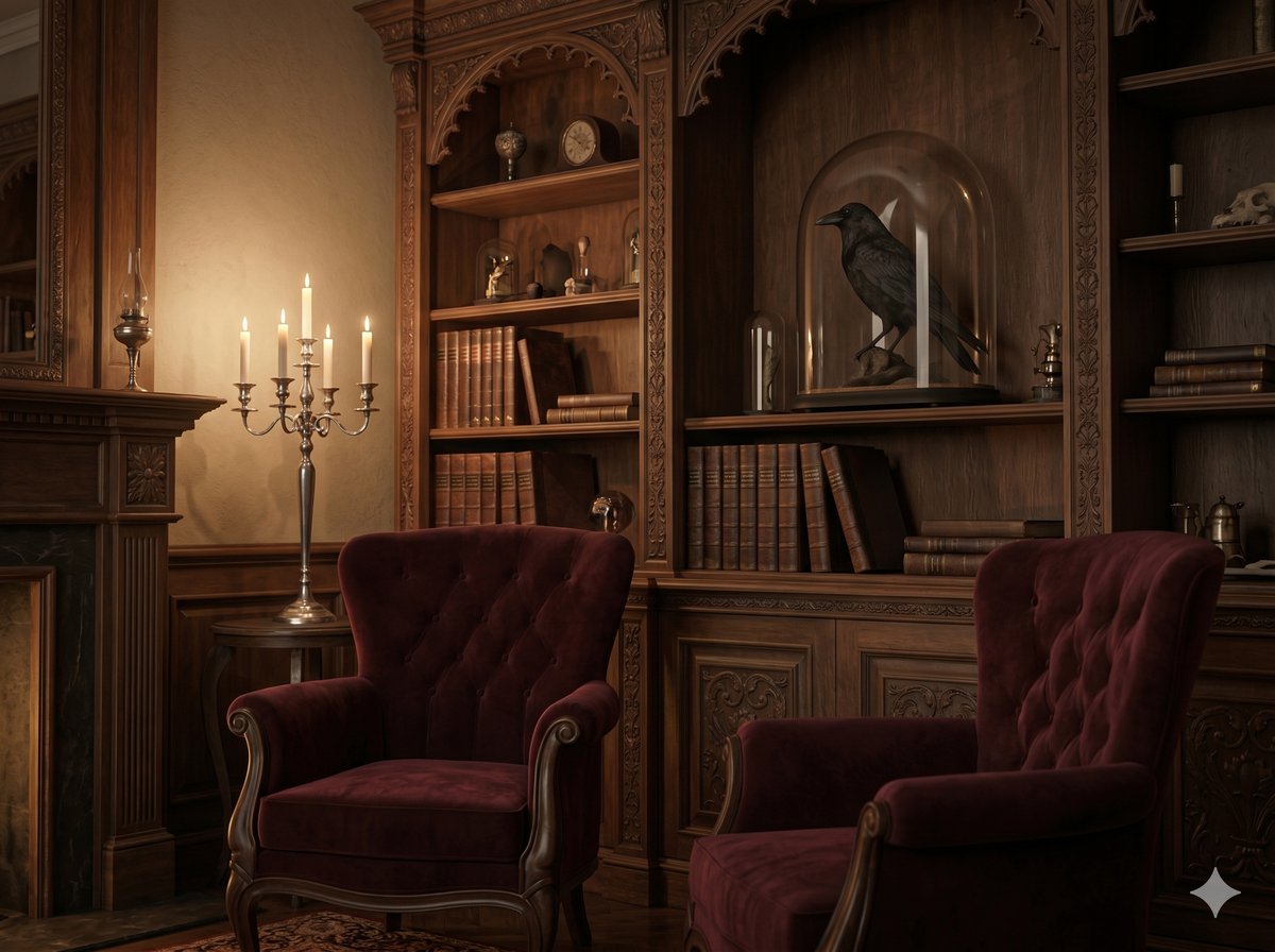 The Ravenscroft parlour — burgundy velvet armchairs, candelabra, and raven under glass
